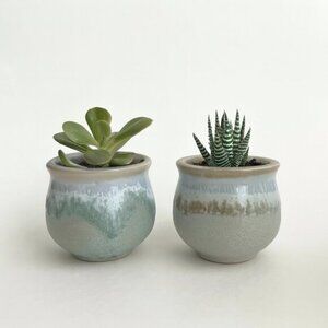 Handmade Ceramic Pottery Mini Planters Pots Blue Green Organic Nature 2 pcs